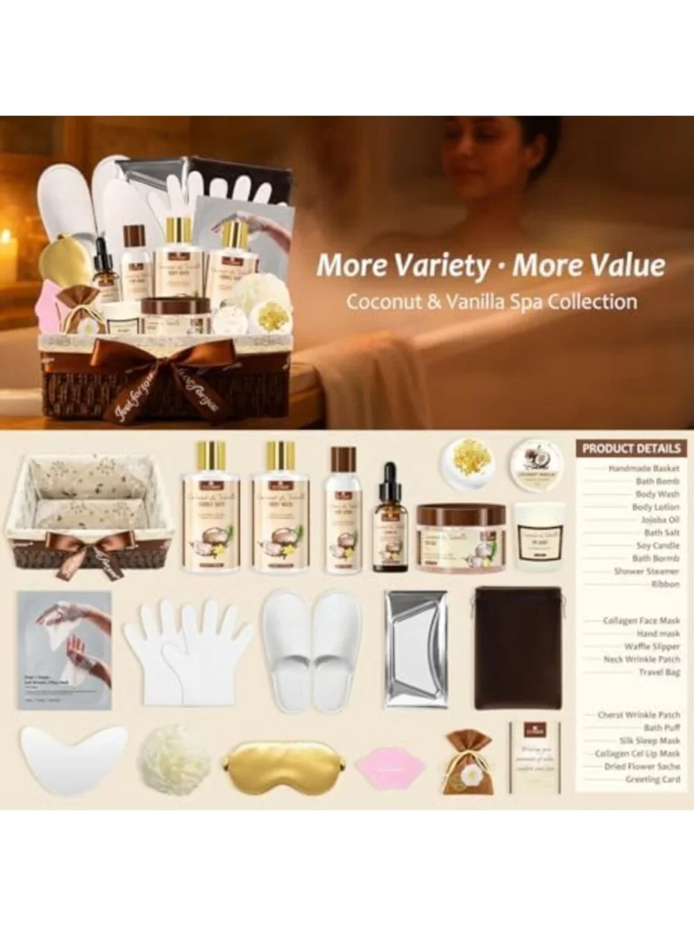 Luxury Spa Gift Basket Set for Women - 21-Piece Coconut Vanilla Self-Care Kit